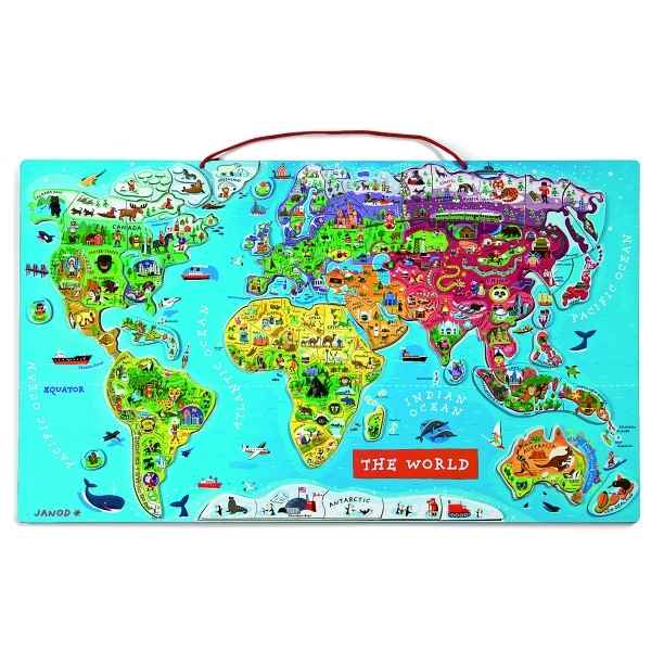 Janod - Puzzle Carte du Monde Magnétique en Bois - 92 Pièces